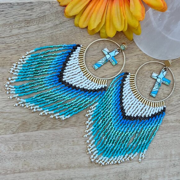 Handmade Beaded Long Faith Fringe Cross Dangle Drop Lightweight Post Earrings - Picture 6 of 11